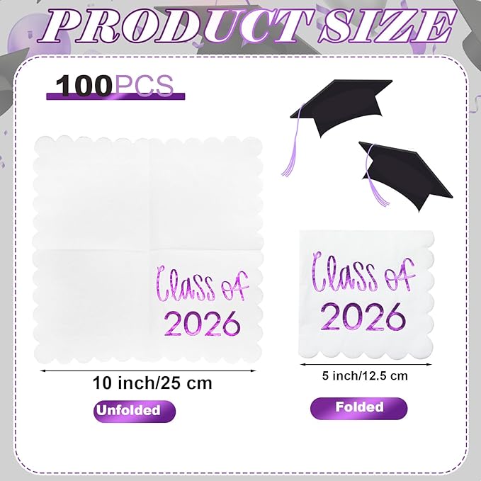 100 Pcs Class of 2026 Graduation Cocktail Napkins 5 x 5 Inch Congrats Grad Scalloped Paper Napkins for Dinner Beverage Graduate Decorations(Purple)