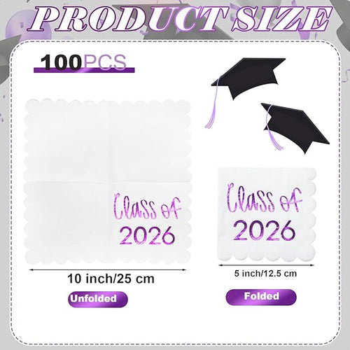 100 Pcs Class of 2026 Graduation Cocktail Napkins 5 x 5 Inch Congrats Grad Scalloped Paper Napkins for Dinner Beverage Graduate Decorations(Purple)