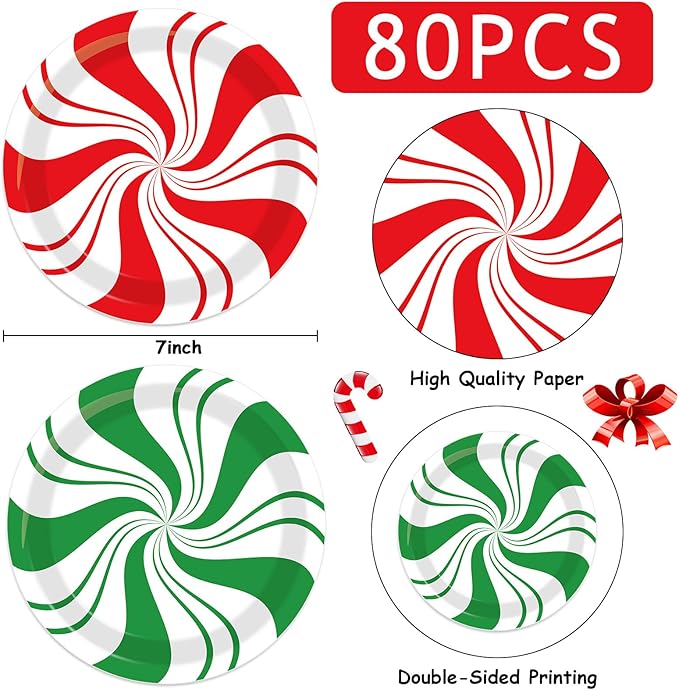 80Pcs Christmas Peppermint Paper Plates Christmas Disposable Dessert Plates 7inch Candy Mint Happy New Year Holiday Xmas Party Supplies Red and Green Striped Disposable Paper Dinnerware Decorations