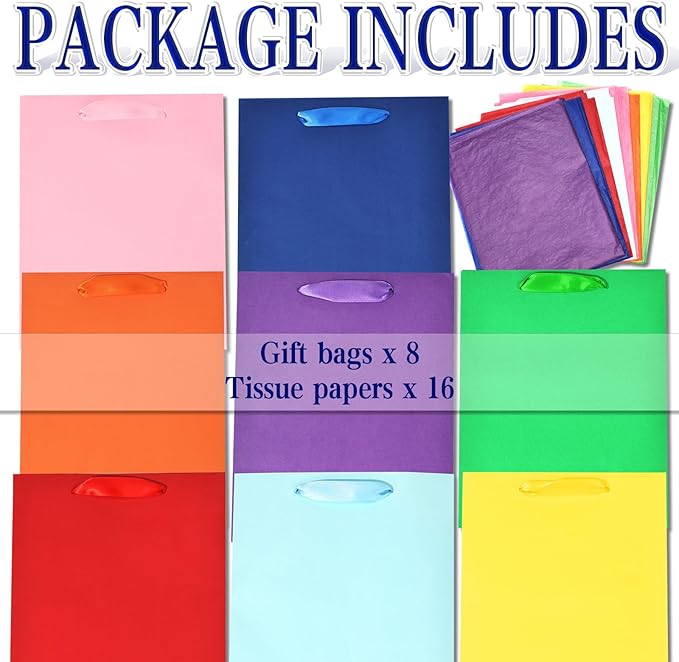 WrapNGo 8 PCS Gift Bags with 16 Tissues 8 Colors Party Favor Bags with Handles 8x5x10 Inch Goodie Bags for Party,Birthday,Baby Shower,Wedding, School Supplies and Gifts