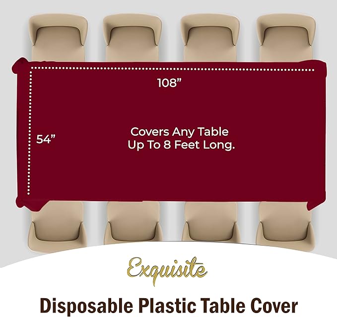 Exquisite Party Solids 6-Pack Premium Plastic Tablecloth 54in. x 108in. Rectangle Plastic Table Cover - Burgundy