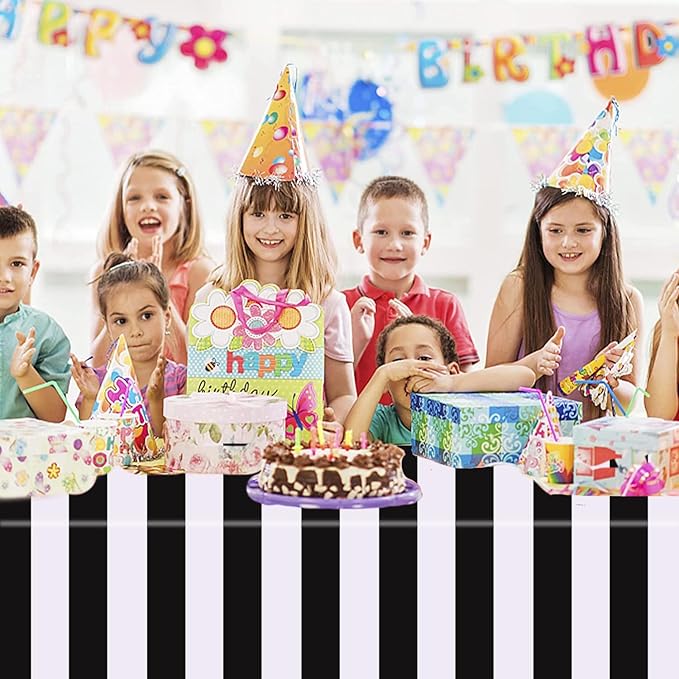 Kesfey 5 Packs Black and White Horizontal Striped Table Cloth 54 x 108 Inch Classic Black Stripe Tablecloths Disposable Plastic Stripe Table Covers Waterproof Picnic Tablecover for Camping Party