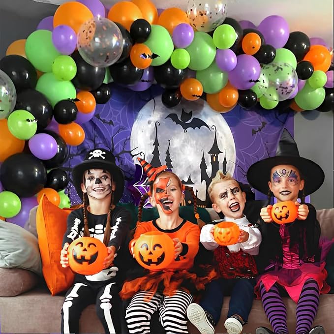 Patimate Halloween Decorations Balloons Set, 50 pcs 12 inch Purple Green Orange Black Confetti Latex Balloons Kit for Halloween Baby Shower Birthday Bachelorette Trick or Treat Party Supplies