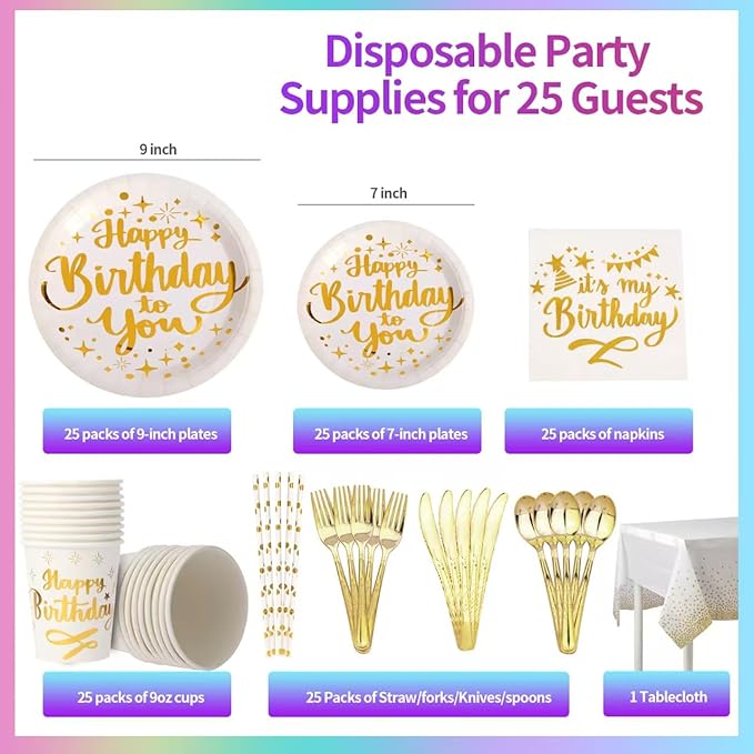201 Pieces Birthday Plate Set, Birthday Decorations, Includes Paper Plates, Paper Cups, Straws, Napkins, Tablecloths, and Plastic Knives, Forks, and Spoons, Suitable for parties of 25 people!（White）