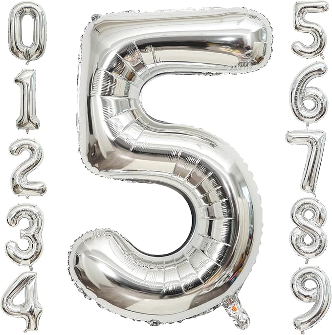 40 Inch Large Silver Number 5 Letter Balloon, Alphabet Letter Mylar Foil Helium Big Number Balloons for Birthday Anniversary Party Graduations Festival Decorations