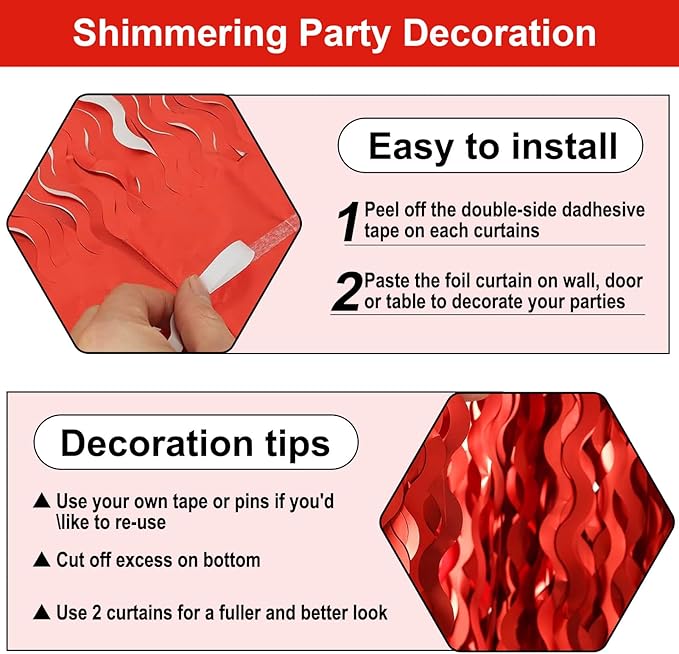 4 Pack Red Wave Foil Fringe Curtain Backdrop, 3.28Ft x 8.2Ft Metallic Tinsel Foil Fringe Streamer Curtains for Photo Booth, Mother's Day, Easter, Birthday, Wedding Party Decoration