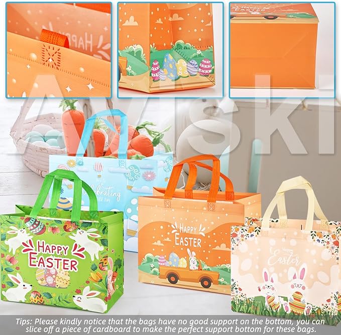 24PCS Happy Easter Egg Hunt Bags, Assorted Sizes Easter Bunny Carrot Chick Egg Gift Bags with Handles, Easter Treat Bags, Multifunctional Non-Woven Easter Bags for Gifts Wrapping, Egg Hunt Game,