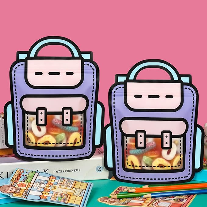 30 Pack Cartoon Backpack Goodie Bags Clear Gift Candy Bags with Handle Small Plastic Ziplock Seal Bag Smell Proof Resealable Packaging Storage Bag Candy Bag Party Favor Birthday(Purple)