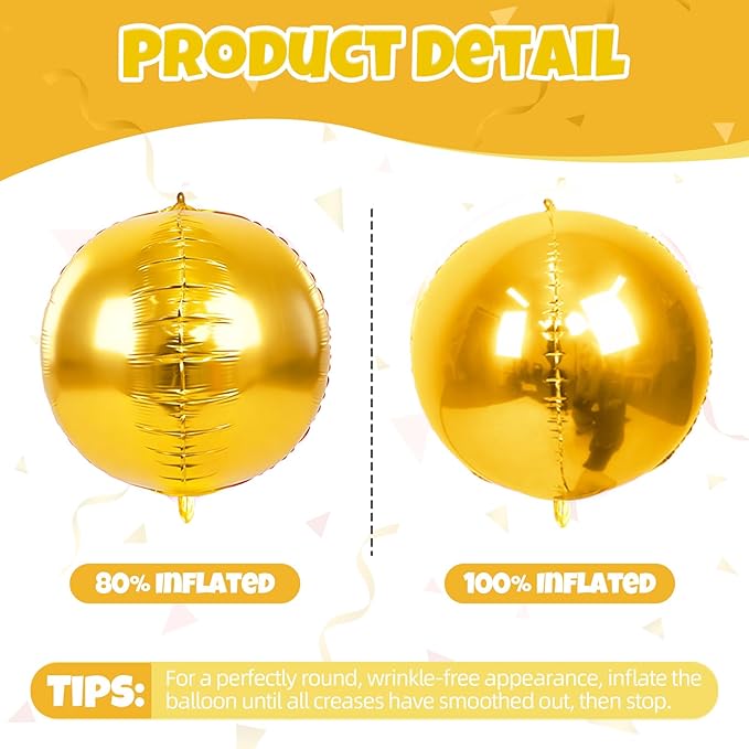 12Pcs Gold Round Balloons Foil, 22" 18" 15" 10" 4D Round Ball Balloon, Giant Metallic Gold Foil Balloons for Graduation Prom Disco Wedding New Year Birthday Party Decorations Backdrop