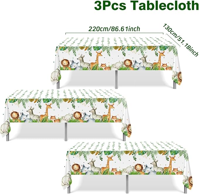 Staraise Jungle Safari Tablecloths,3Pcs Wild Animal Table Cover for Safari Baby Shower Decorations,Boys and Girl Birthday Party Sage Green Theme Party Supplies