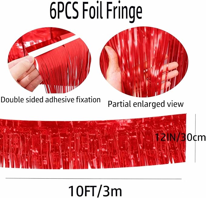 Red Foil Fringe Garland 6Pcs 10 Feet Metallic Tinsel Hanging Curtain Glitter Backdrop Banner for Parade Floats Christmas Wedding Party Decorations
