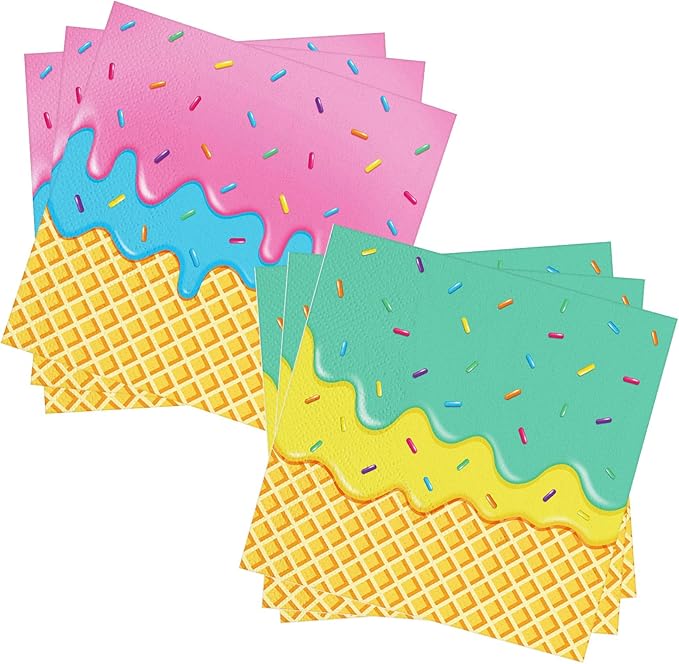 50 Count Ice Cream Cone Paper Napkins – 25 Pink and 25 Green, Disposable Dessert Napkins with Sprinkle Design for Kids Birthday, Summer Party, Sweet Shop, and Ice Cream Theme Decorations