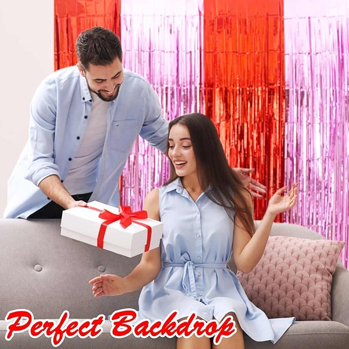 Valentines Day Decorations - 4 Pack of 3.2x8.2ft Red Pink Foil Fringe Curtains Streamers Backdrop for Birthday Valentines Day Decor