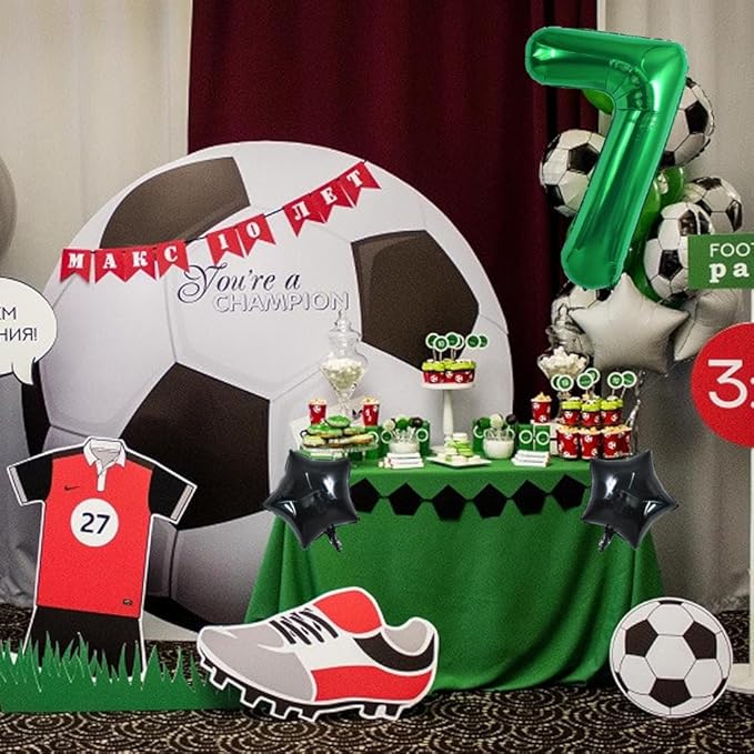 TONIFUL 32 Inch Soccer Balloons Set 7th Birthday Decoration Green Number 7 Foil Soccer Balloon Black Star Balloons for Children's Boys Birthday Party Football Themed Party Supplies