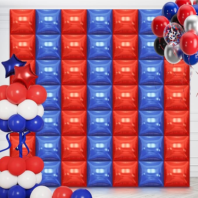 50PCS Blue Red Square Foil Balloon Wall, 19'' Reusable DIY Mylar Double Side Balloons Garland Tunnel Arch Kit for Anniversary Baby Shower Bachelorette Birthday Game Party Decor
