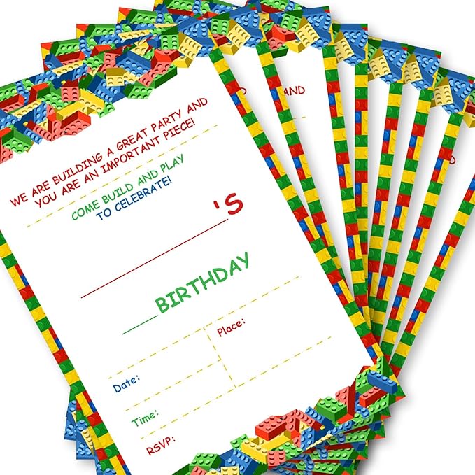 Soiceu Building Blocks Birthday Invitations, Cute Building Blocks Birthday Party Invites with Envelopes Set of 20