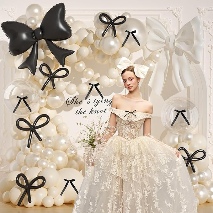 Pearl White Balloon Arch Kit, JOGAMS 174Pcs Bow Balloon Arch Kit with 260 Clear Bow Foil Balloons Ribbon Bow for Coquette Bow Theme Birthday Wedding Baby Shower Bachelorette Bridal Shower