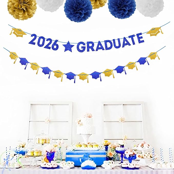Navy-Blue White-Gold Party-Decoration Graduation Banner - 8pcs Kits Cap Garland Streamers, Paper Tissue Pom Poms Flowers, 2025 Craduate Banner Congratulations Grad Decor Lasting Surprise