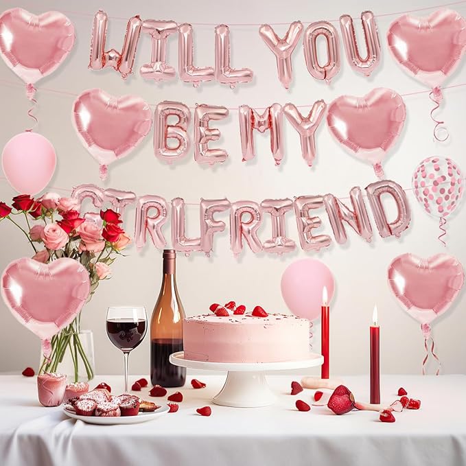 2 Set 16 Inch Rose Gold 'Will You Be My Girlfriend' Balloons Banner with 6 Heart Shaped Balloons for Romantic Decorations, Engagements, Anniversaries, Valentines Day Decor
