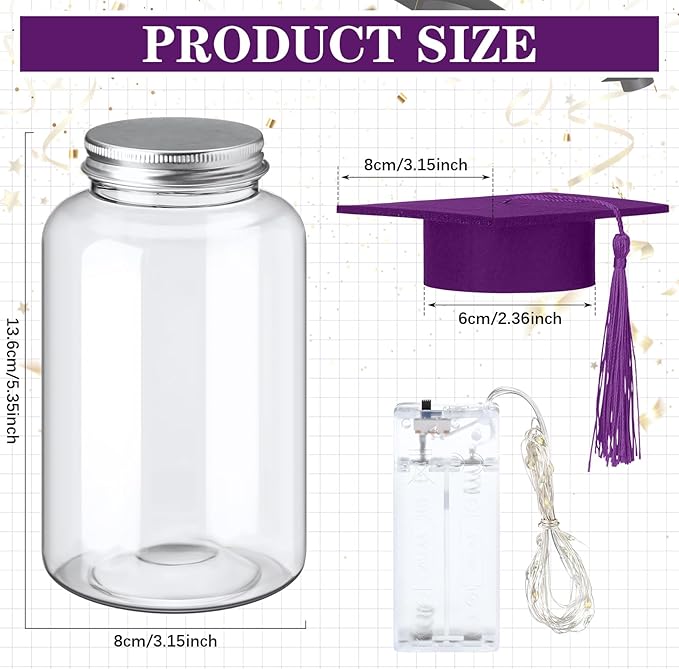 Boao 16 Sets Graduation Table Decoration Set with LED Light up Graduation Decorations for Class of 2026, Grad Jar, Felt Grad Hat and Stickers for High School College(Purple,Vivid)