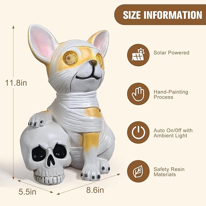 Halloween Decor Outdoor Solar Dog Statue Garden Decorations Holding Skeleton Statue Lights with 360° Spinning Glowing Eyes Ghost Garden Decor & Creative Gifts