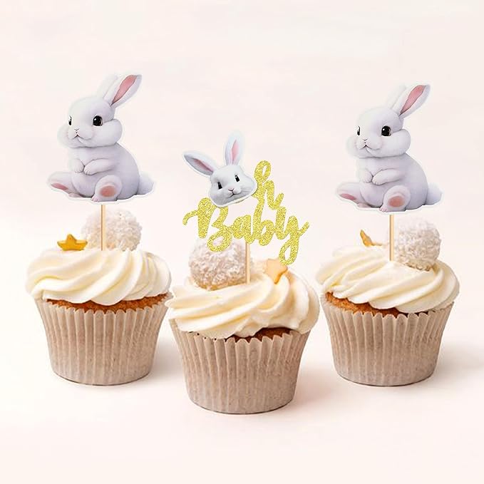 Ercadio 24pcs Cake Topper, Happy Easter Bunny Themed Cupcake Picks for Spring Birthday, Baby Shower Party Supplies