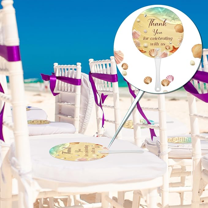 100 Pcs Wedding Hand Fans for Guests Bulk Decorative Plastic Handheld Wedding Favor Fans with Handle Thank You for Celebrating with Us for Ceremony Bridal Shower Party Decor(Beach)