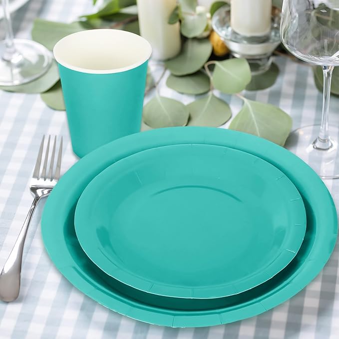 Whaline 100Pcs Teal Tableware Set Teal Blue Disposable Dinnerware 50Pcs Paper Plate 25Pcs Napkin 25Pcs Cup for Birthday Wedding Baby Shower Family Picnic Party Supplies Table Decor