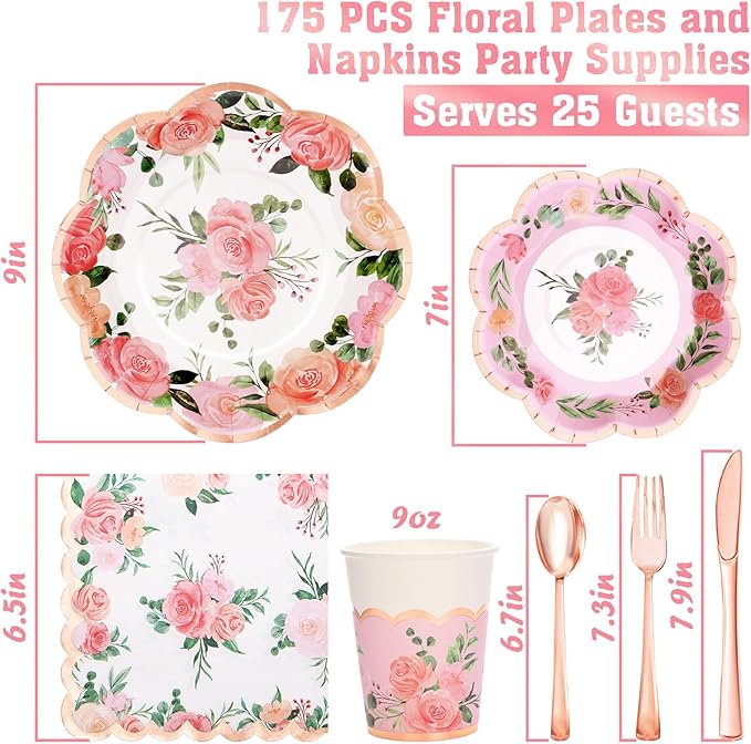 175PCS Tea Party Decorations, Floral Party Supplies, Bridal Shower Paper Plates, Floral Plates and Napkins Sets for Baby Shower, Brial Shower, Wedding, Serves 25 Guest