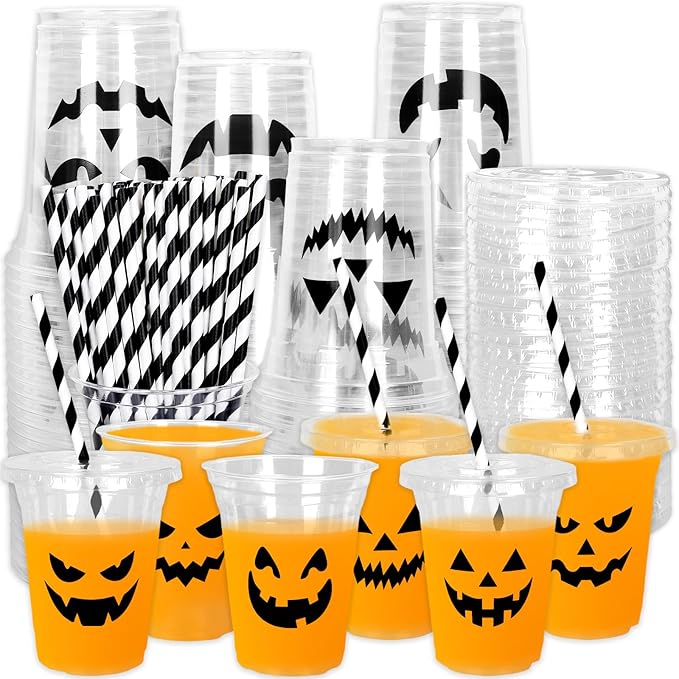 Whaline 60Pcs Halloween Disposable Plastic Cups with Lids and Straws 12oz Jack-O-Lantern Pumpkin Cold Beverage Drinking Cups Scary Printed Party Cup for Trick or Treat Party Supplies
