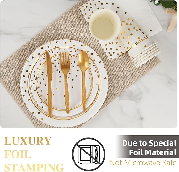 168 Pcs Paper Plates and Napkins Party Supplies, White and Gold Disposable Plates for 24 Guests, Golden Dot Party Plates, Napkins, Cups and Utensils Set for Birthday Wedding Graduation Party Decor