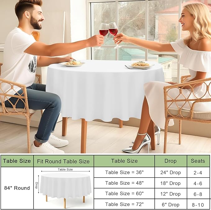 misaya 6 Packs Disposable Plastic Table Cloth, 84" Round Waterproof Tablecloth, Leakproof & Sturdy Decorative Table Covers for Easter, Picnic, Party and Outdoor, White