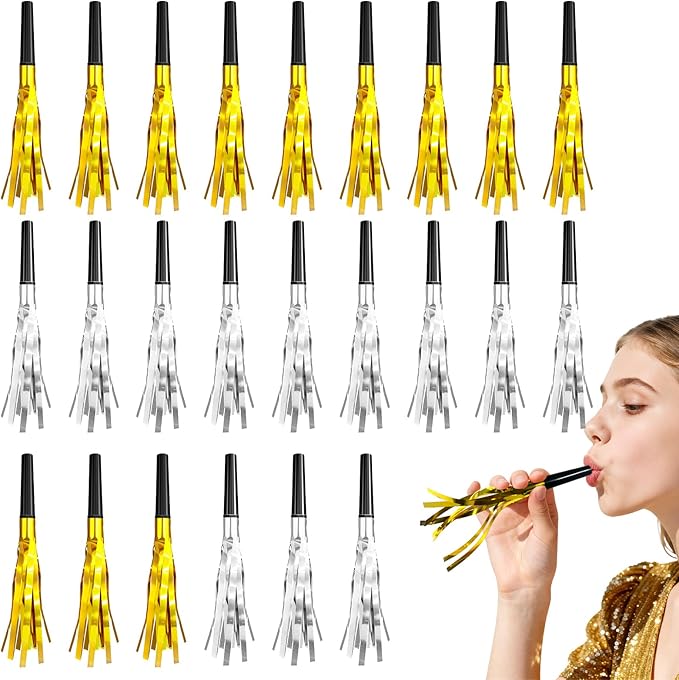 24-Pack Gold and Silver Noise Makers | Elegant Glitter & Metallic Fringed Party Blowers for Adult Events – Birthday, Graduation, Sports & New Year’s Favors