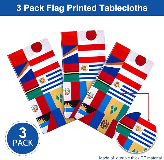 3 Pack International Flag Table Cover Patriotic Table Cloth World Country Flags Plastic Tablecloth for Festival Events Celebration Party Decorations Soccer Sports Beer Party, 108 x 54 Inch