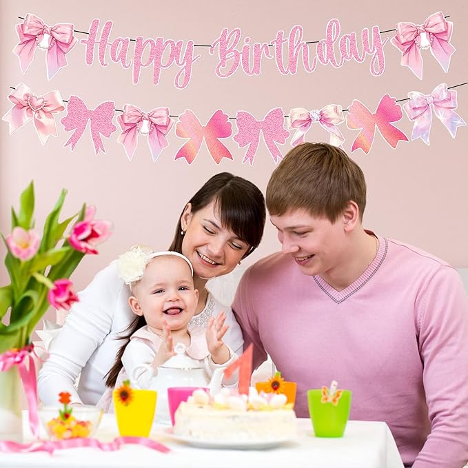 Pink Bow Garland Banner Happy Birthday Banner Decoration Bow Baby Shower Girl Birthday Party Bow Decorations Supplies
