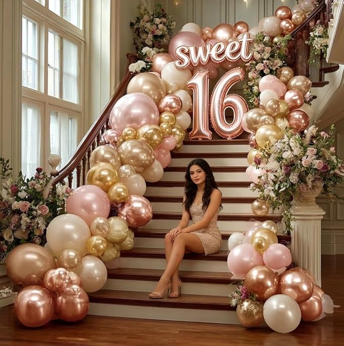 Rose Gold Balloon Garland 112pcs Double Stuffed Pearl Pink Balloons Different Sizes of 18 12 5 Inch Metallic Gold Champagne Balloon Arch Kit for Birthday Baby Shower Bridal Wedding Party Decor
