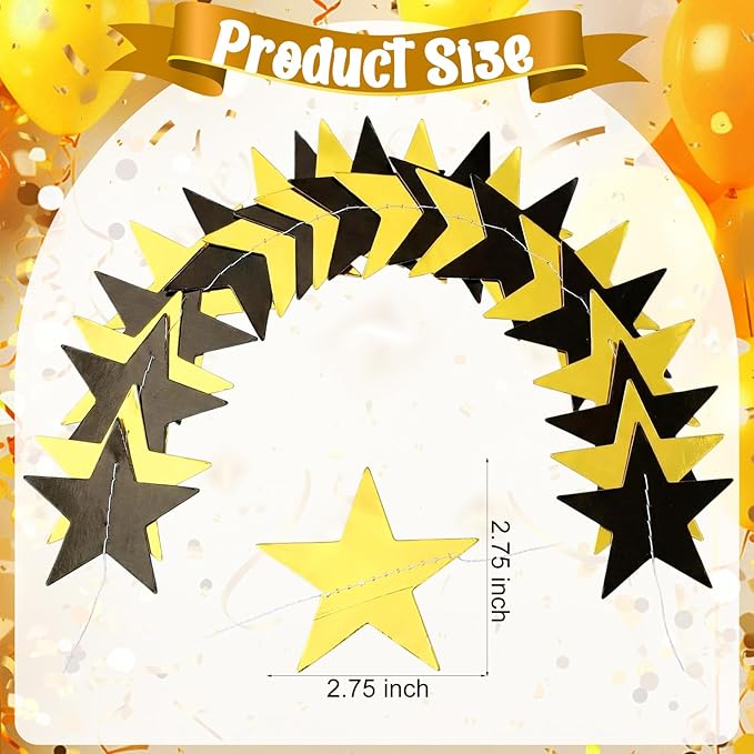 Spakon 65 Feet Glitter Star Paper Garland Banner Hanging Decoration Star Streamers Double Side 2026 Graduation Decorations for Wedding Birthday Festival New Year Party Decoration(Gold Black)