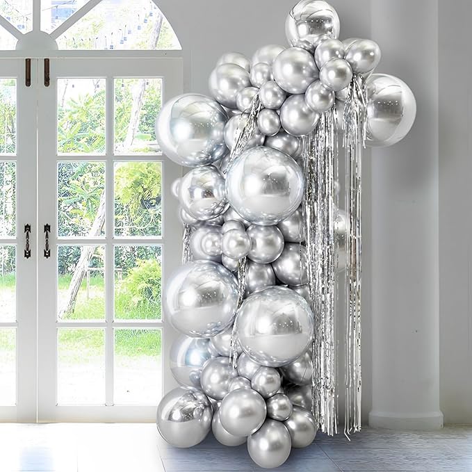 110pcs Metallic Silver Balloons 12inch Chrome Silver Latex Party Balloons for Graduation, Wedding, Birthday, New Year, Baby Shower, Anniversary, Holiday Party Decorations