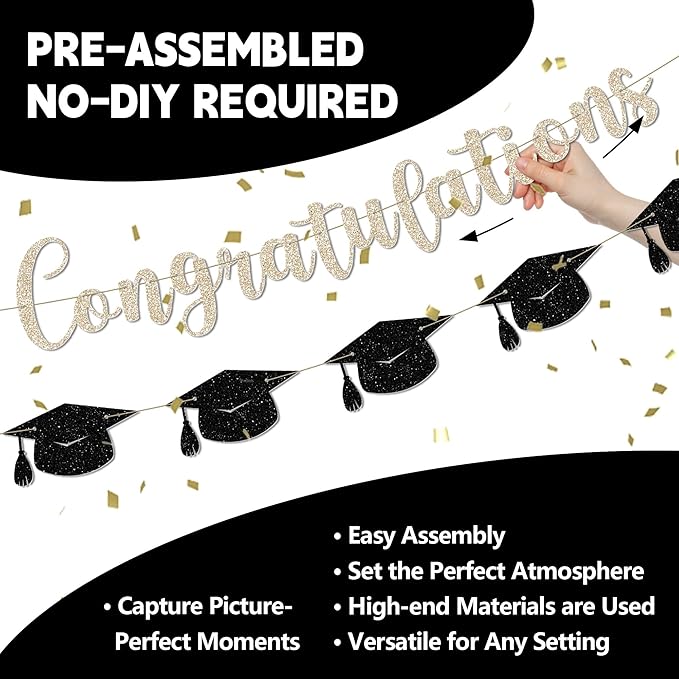 Congratulations Banner - 9 ft Pre-Strung Graduation Banner, Graduation Party Decorations & Decor for Elementary, 5th Grade, 8th Grade, High School, College, Congrats Grad Sign