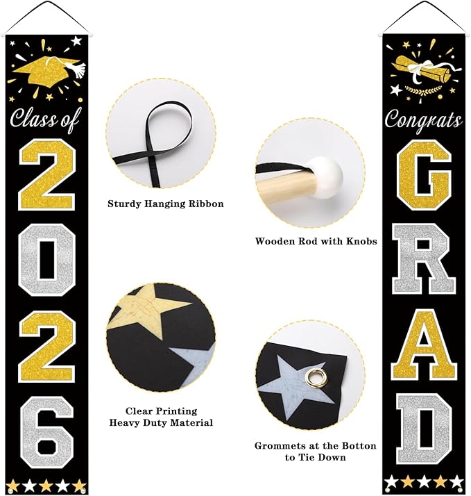 DAZONGE Graduation Decorations 2026, Black & Gold Class of Decorations 2026, Graduation Porch Banners for Any Schools or Grades Party Supplies