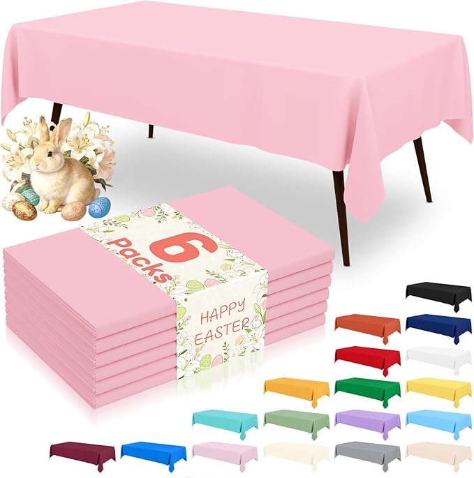 misaya 6 Packs Disposable Plastic Table Cloth, 54 x 108 Inch Waterproof Rectangle Tablecloth, Leakproof & Sturdy Decorative Table Covers for Easter, Picnic, Party and Outdoor, Pink