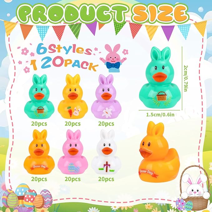 120 Pcs Easter Mini Resin Ducks 6 Style Miniature Bunny Ear Duck Figurines Easter Bulk Tiny Ducks for Party Favor Gifts Topper Desk Basket Craft Garden Landscape Ornament Potted Decor