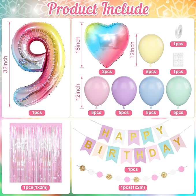 9th Birthday Decorations Rainbow,Gradient Number 9 Balloon,Pastel Happy Birthday Banner Fringe Curtain Heart Foil Balloons Boys Girls 9 Year Old Decor