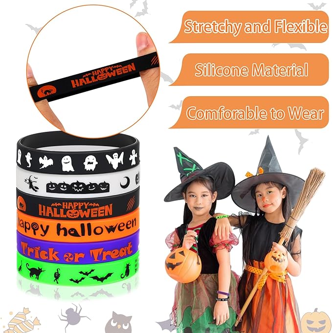 JUNEBRUSHS 42Pcs Halloween Silicone Bracelets Halloween Favors Supplies Rubber Wristbands for Kids Party Goodie Bag Stuffers Fillers Decorations Accessories (6 Designs)