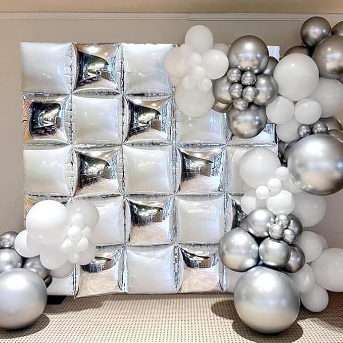 Pearl White and Silver Double Sided Square Foil Balloons Wall,19 Inches Metallic Foil Balloons Tunnel Arch Kit for Bachelorette,Anniversary,Wedding,2026 Graduation,Birthday Party Background Decoration