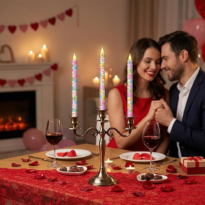 Honoson 6 Pcs Conversation Heart Decor 10.6 Inch Valentine Day Flameless Taper Candles Battery Operated LED Candlesticks for Conversation Hearts Party Valentine Wedding Anniversary Dinner Table Decor