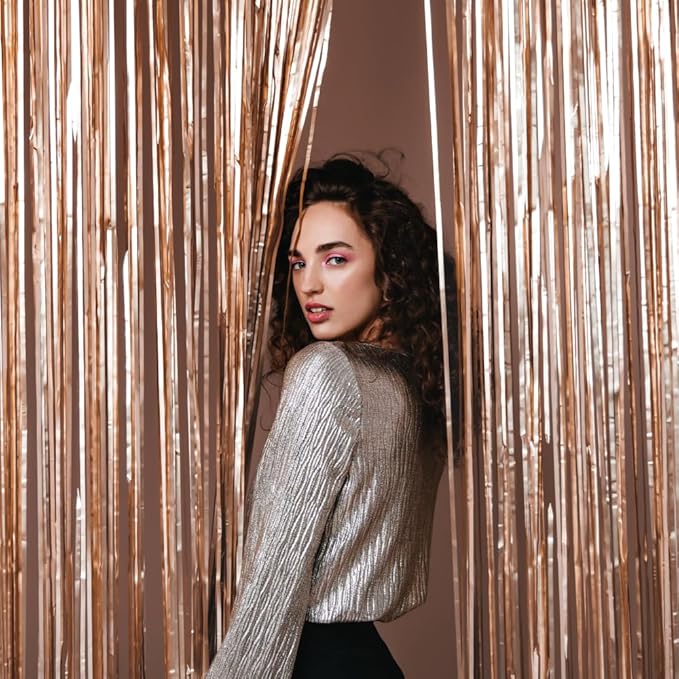 Pack of 2 Rose Gold Foil Fringe Curtains – Rose Gold Tinsel Backdrop for Photo Booth, Birthday, Wedding, Baby Shower, Bachelorette, Christmas & Holiday Party Decorations