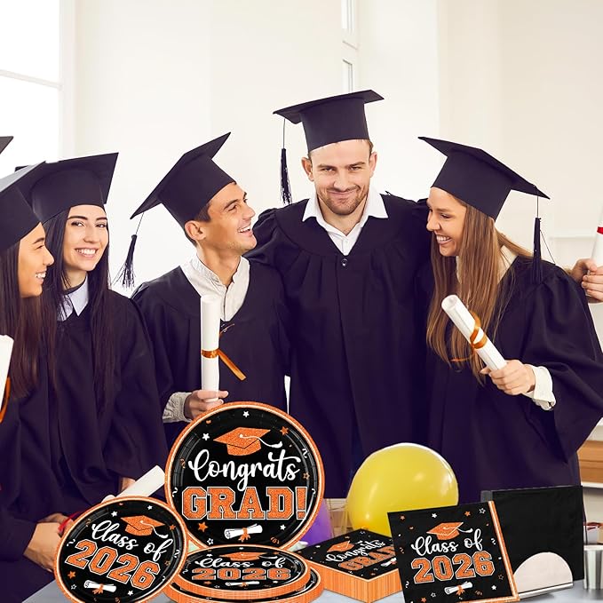 Graduation Plates and Napkins 2026,Orange Graduation Decorations 2026,200pcs Orange and Black Plates and Napkins Graduation Party Supplies for Graduation Party Decorations,Serve 50
