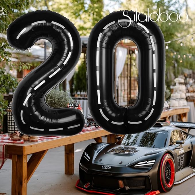 Race Car 40Inch Black 20 Balloon Number Large Helium Race Track 0-9 Giant Digital 20th Foil Mylar Big Party Number Balloons for Boy Birthday Car Theme Party Anniversary Graduation Decorations
