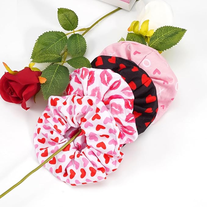Valentines Hair Scrunchies Red Heart XOXO Hair Ties for Women Girls Elastics Ponytail Holder Valentine‘s Day Hair Tie Love Hair Ropes Valentines Hair Accessories Hair Decoration